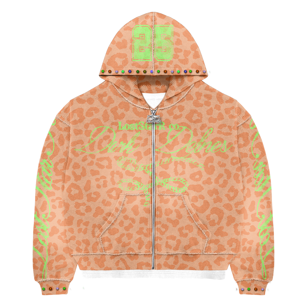 Peach Thermal Zip-Up Jacket With Rhinestones